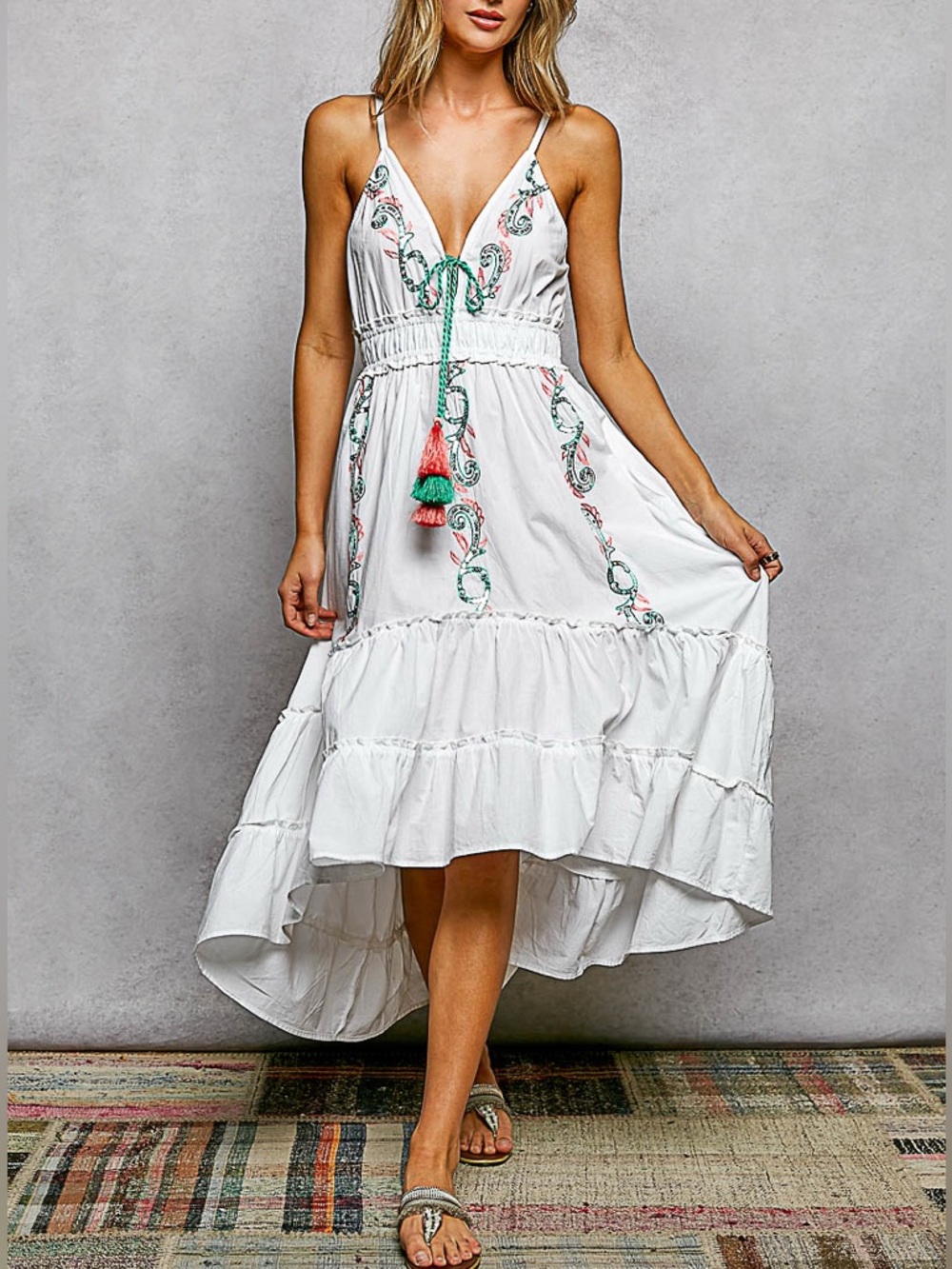 V-Neck Sleeveless Embroidery Tiered
Cotton Dress|Ivory